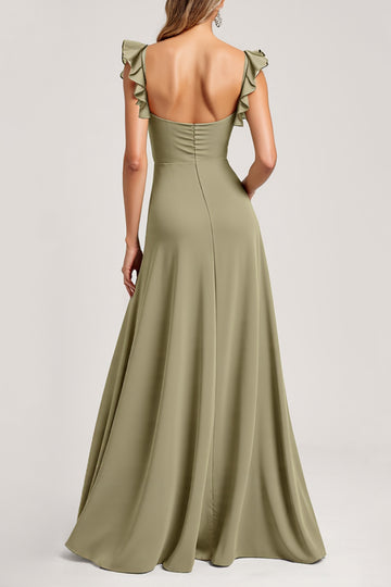 Ruffled A Line Olive Bridesmaid Dress with Slit